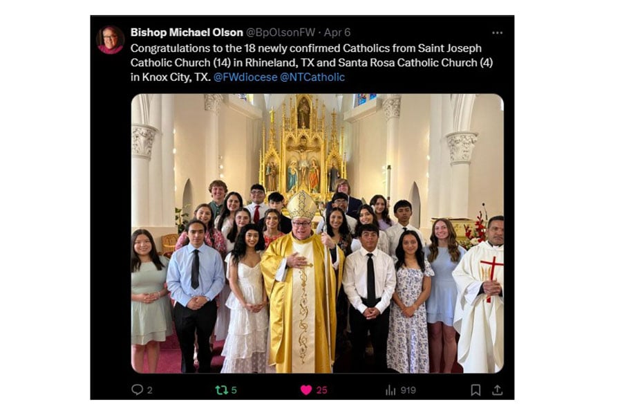 picture of a tweet from Bishop Olson with recently confirmed kids
